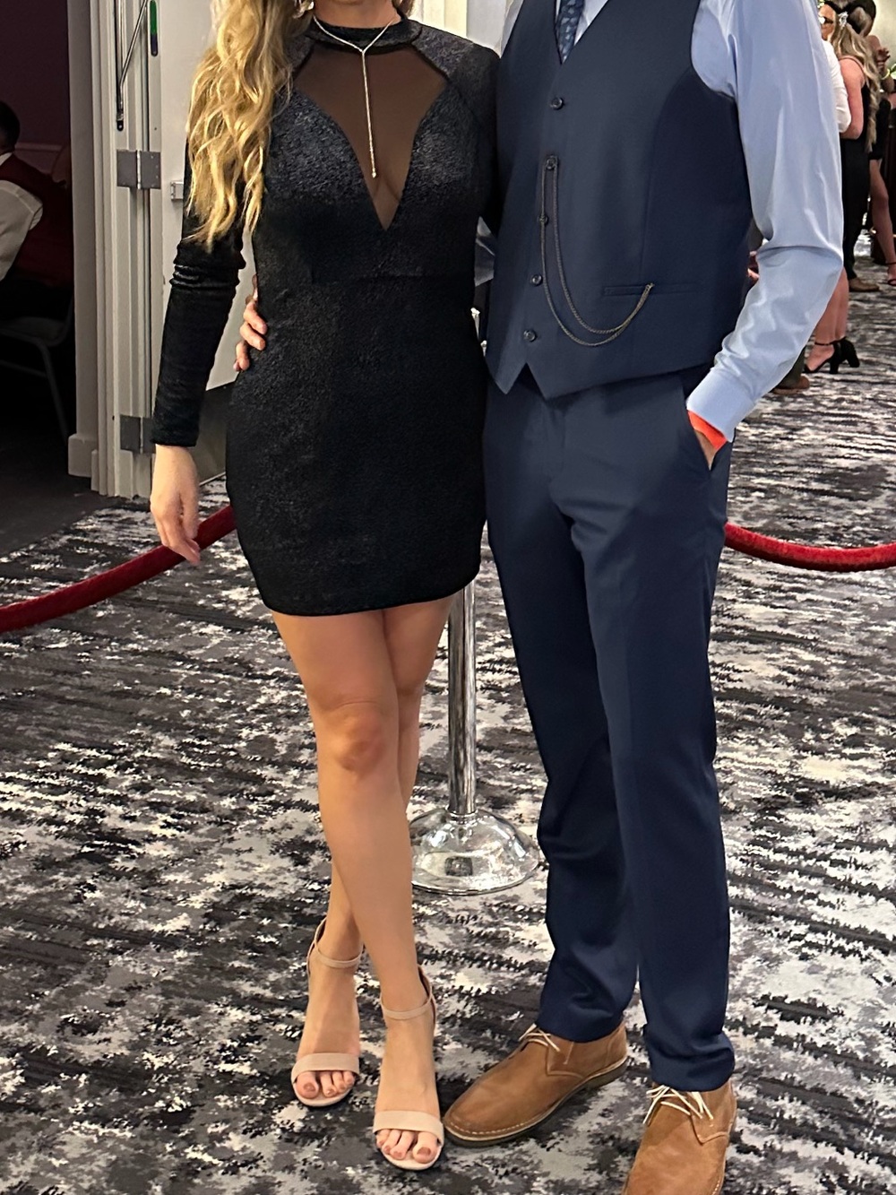 Sparkle Long-Sleeve Black Party Dress with mesh plunge neckline